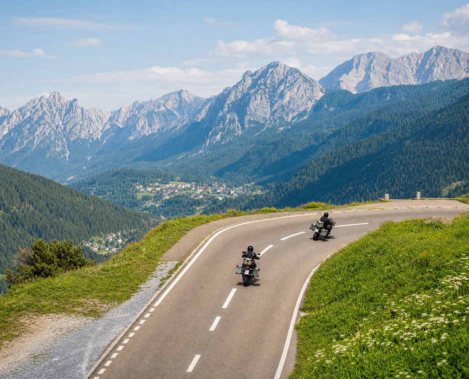 Zwei Motorradfahrer auf einer kurvenreichen Passstraße im Pustertal mit Dolomiten-Panorama. Ideal für Sommerurlaub.